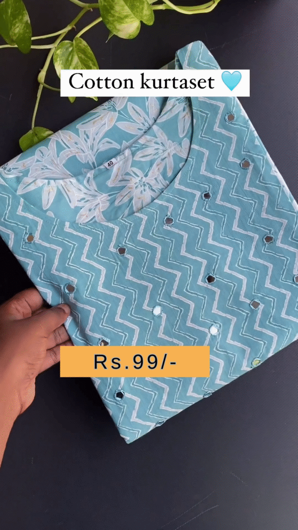 Elegant Sky Blue Printed Cotton Kurta Set with Mirror Work and Floral Zigzag Design – Comfortable and Stylish Ethnic Wear for Women