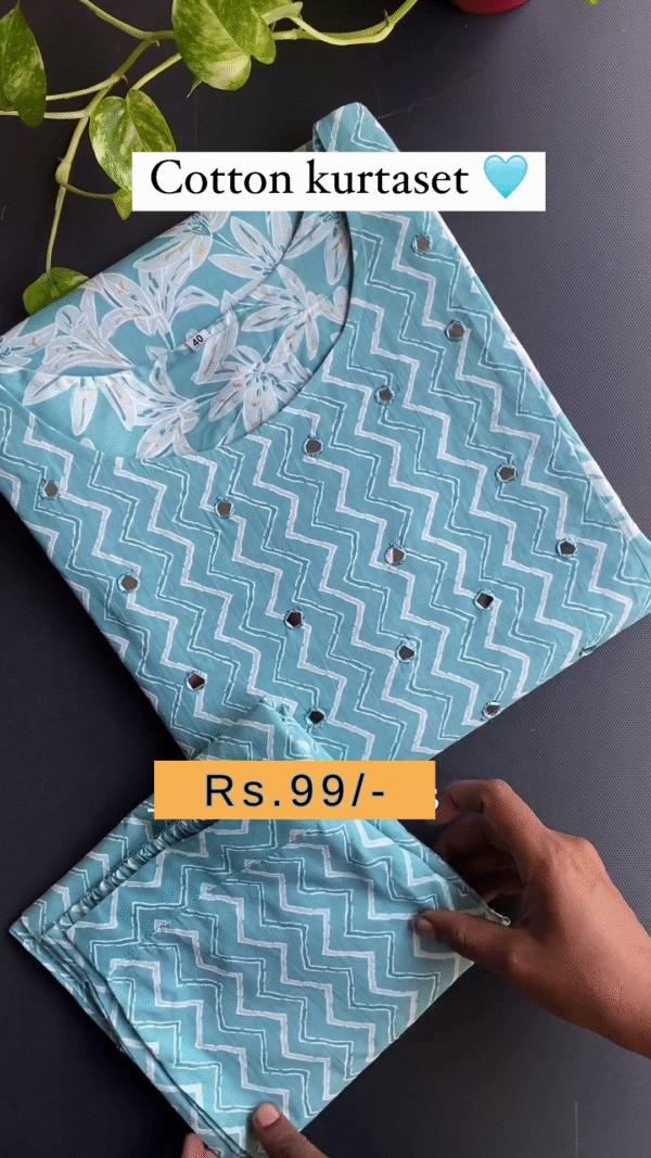 Elegant Sky Blue Printed Cotton Kurta Set with Mirror Work and Floral Zigzag Design – Comfortable and Stylish Ethnic Wear for Women - Image 2