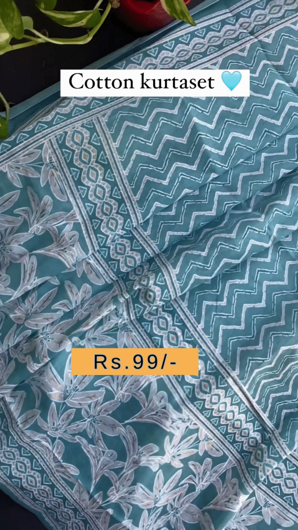 Elegant Sky Blue Printed Cotton Kurta Set with Mirror Work and Floral Zigzag Design – Comfortable and Stylish Ethnic Wear for Women - Image 3