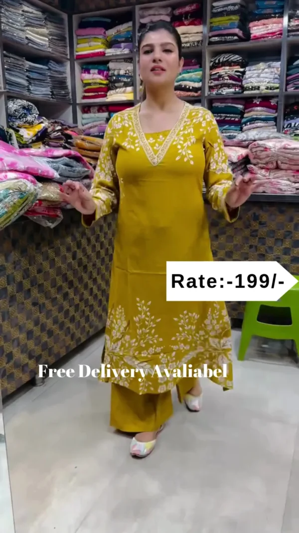 Premium Rayon Digital Print Dress Kurta Plazo Set – Mustard - Image 2