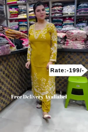 Premium Rayon Digital Print Dress Kurta Plazo Set – Mustard