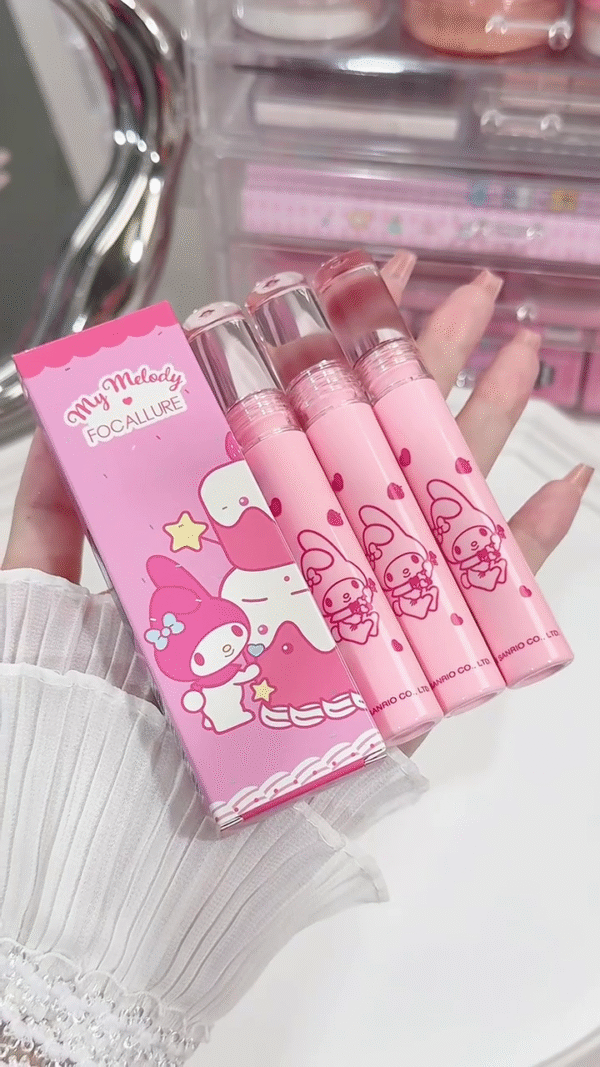 Limited Edition Lip Tint Collection – High-Shine, Long-Lasting, Moisturizing Glossy Liquid Lipsticks in Three Vibrant Red Shades with Adorable Sanrio-Inspired Packaging