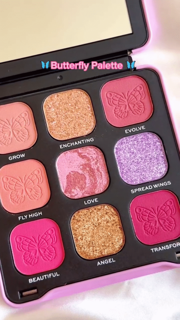 Revolution Butterfly Palette – 9-Pan Eyeshadow Collection Featuring Matte, Shimmer, and Glitter Finishes with Embossed Butterfly Design in Shades Like Grow, Fly High, Love, Angel, and Transform for a Soft, Radiant, and Playful Look