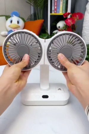 Versatile Dual-Head Adjustable Fan with LED Light – Multi-Function USB Rechargeable Cooling Fan for Desk, Kitchen, and Study, Featuring Flexible Rotation, Magnetic Base, and Portable Design for Convenient Use Anywhere