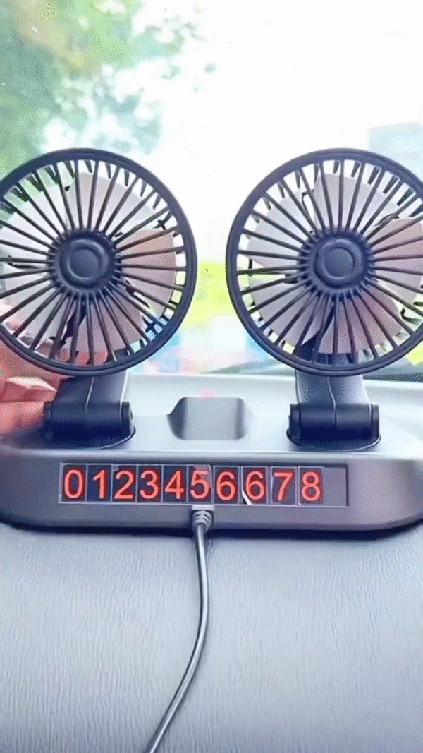 Dual Head USB Car Fan with Adjustable Airflow, Dashboard Mount, and Hidden Phone Number Display – Portable Cooling System for Front Seat Passengers – 360° Rotatable Mini Fans for Car Interior with Cigarette Lighter USB Power Adapter