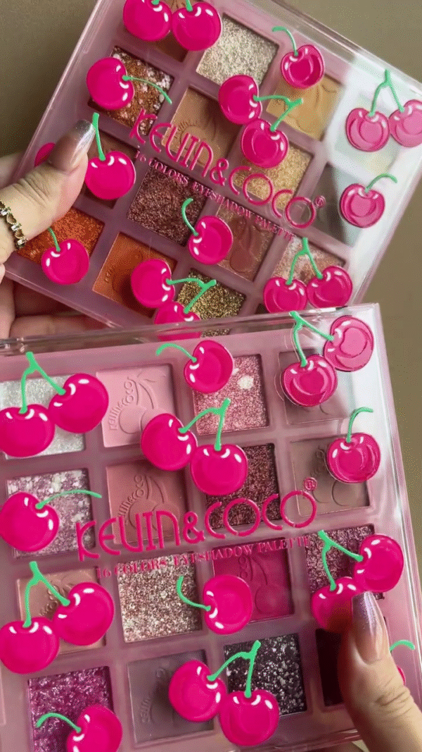 16-Color Cherry-Themed Eyeshadow Palette – Highly Pigmented Matte, Shimmer, and Glitter Shades in Pink, Purple, Gold, and Neutral Tones for Vibrant and Versatile Eye Looks