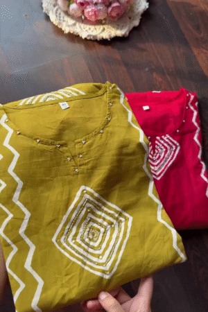 Handcrafted Bandhani Print Cotton Kurta Set – Elegant Ethnic Wear in Vibrant Mustard Yellow and Festive Red