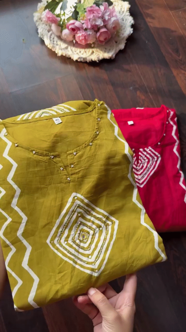 Handcrafted Bandhani Print Cotton Kurta Set – Elegant Ethnic Wear in Vibrant Mustard Yellow and Festive Red