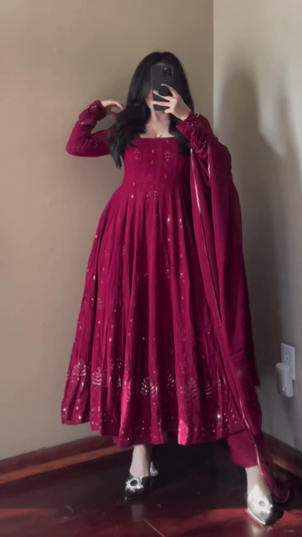 Maroon Georgette Anarkali Suit Set with Intricate Thread Embroidery, Full Sleeves, Matching Dupatta and Bottom, Ideal for Festive, Wedding, and Traditional Occasions