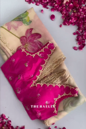 Handpainted Organza Saree with Intricate Lotus Motifs and Scallop Embroidered Borders Paired with a Vibrant Magenta Floral Blouse – A Perfect Blend of Tradition and Artistic Charm