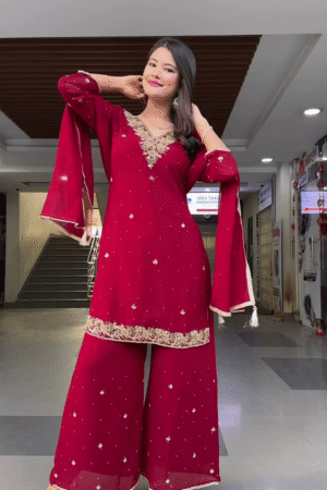 Embroidered Georgette Palazzo Suit Set with Heavy Neck Detailing, Matching Dupatta and Subtle Sequin Work – Available in Wine Red and Aqua Blue Colors