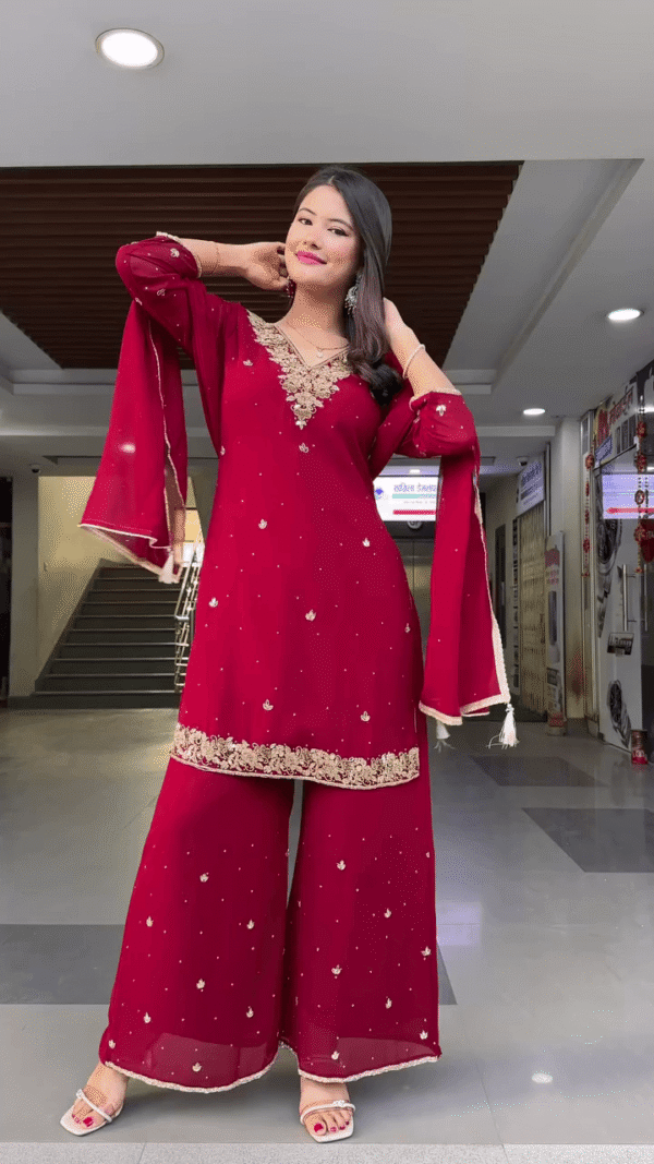 Embroidered Georgette Palazzo Suit Set with Heavy Neck Detailing, Matching Dupatta and Subtle Sequin Work – Available in Wine Red and Aqua Blue Colors