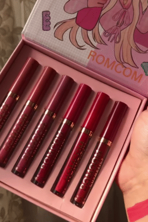 Liquid Lipstick Set – 6-Piece Matte Lip Color Collection in Romantic Red, Berry, and Mauve Tones – Long-Lasting, High-Pigment, Lightweight Formula with Cute Illustrated Packaging