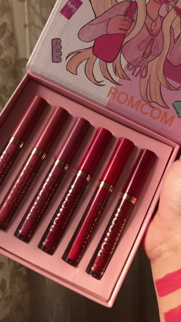 Liquid Lipstick Set – 6-Piece Matte Lip Color Collection in Romantic Red, Berry, and Mauve Tones – Long-Lasting, High-Pigment, Lightweight Formula with Cute Illustrated Packaging