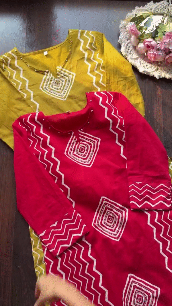 Handcrafted Bandhani Print Cotton Kurta Set – Elegant Ethnic Wear in Vibrant Mustard Yellow and Festive Red - Image 2