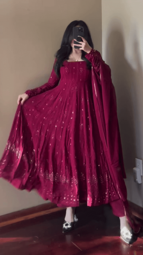 Maroon Georgette Anarkali Suit Set with Intricate Thread Embroidery, Full Sleeves, Matching Dupatta and Bottom, Ideal for Festive, Wedding, and Traditional Occasions - Image 2