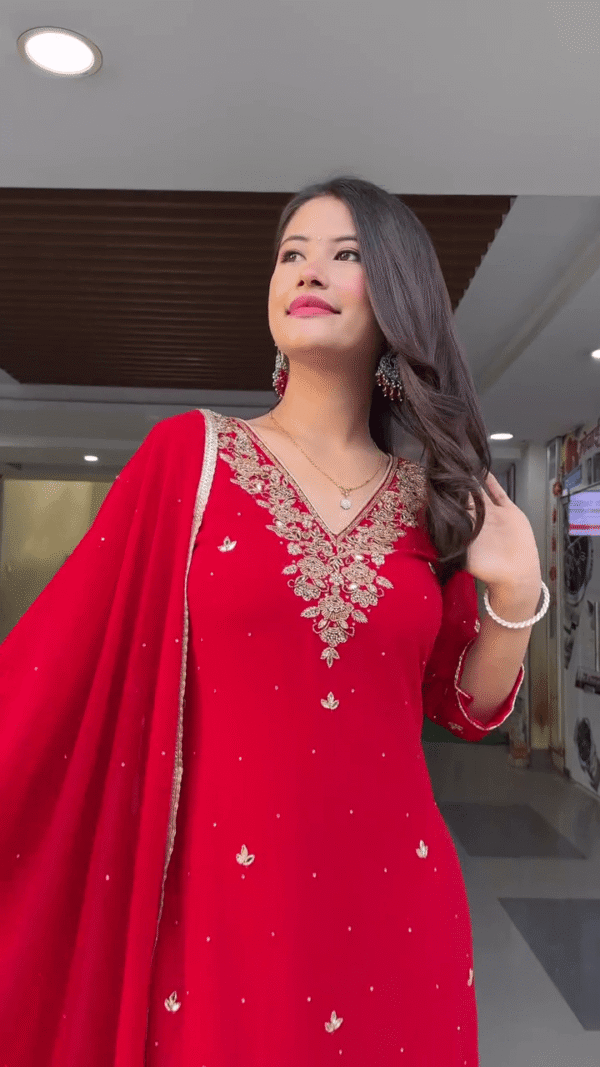 Embroidered Georgette Palazzo Suit Set with Heavy Neck Detailing, Matching Dupatta and Subtle Sequin Work – Available in Wine Red and Aqua Blue Colors - Image 2