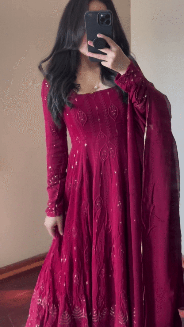 Maroon Georgette Anarkali Suit Set with Intricate Thread Embroidery, Full Sleeves, Matching Dupatta and Bottom, Ideal for Festive, Wedding, and Traditional Occasions - Image 3