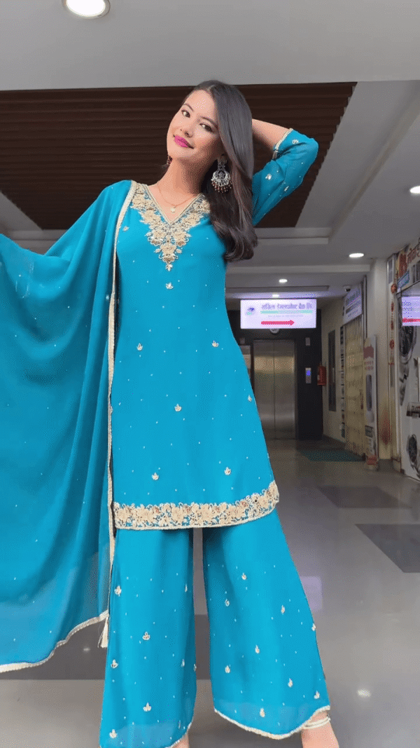 Embroidered Georgette Palazzo Suit Set with Heavy Neck Detailing, Matching Dupatta and Subtle Sequin Work – Available in Wine Red and Aqua Blue Colors - Image 3