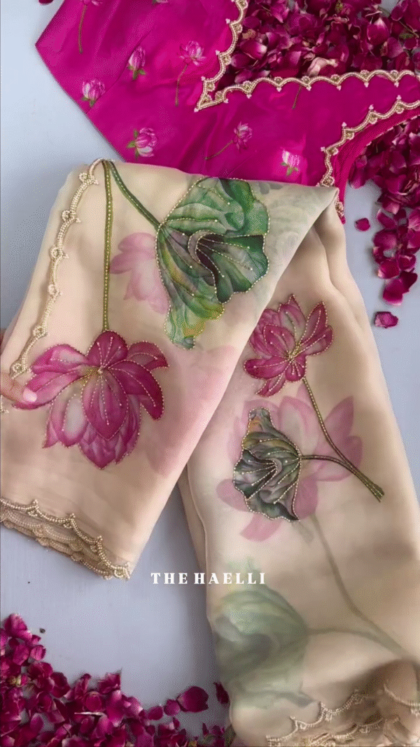 Handpainted Organza Saree with Intricate Lotus Motifs and Scallop Embroidered Borders Paired with a Vibrant Magenta Floral Blouse – A Perfect Blend of Tradition and Artistic Charm - Image 3
