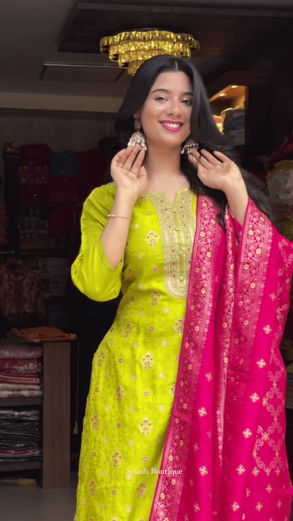 Lime Green Embroidered Straight Kurta Set with Intricate Golden Detailing and Contrasting Rich Pink Banarasi Dupatta – Ideal for Festive and Traditional Occasions - Image 2