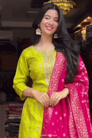 Lime Green Embroidered Straight Kurta Set with Intricate Golden Detailing and Contrasting Rich Pink Banarasi Dupatta – Ideal for Festive and Traditional Occasions