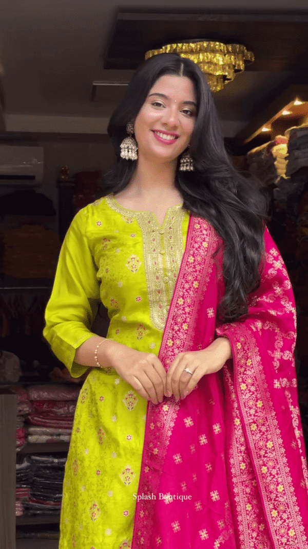 Lime Green Embroidered Straight Kurta Set with Intricate Golden Detailing and Contrasting Rich Pink Banarasi Dupatta – Ideal for Festive and Traditional Occasions