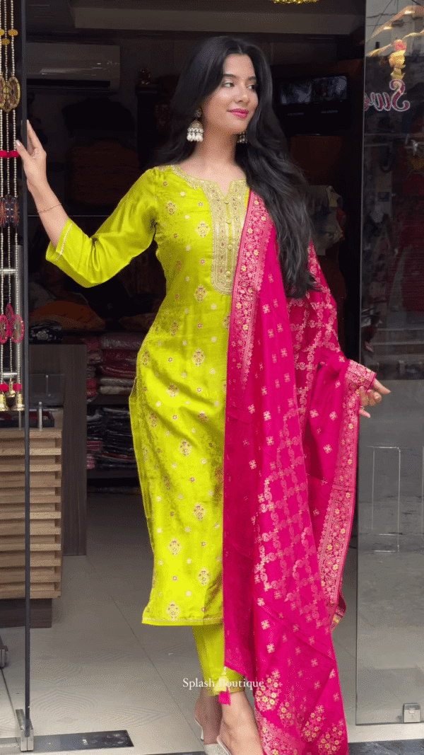 Lime Green Embroidered Straight Kurta Set with Intricate Golden Detailing and Contrasting Rich Pink Banarasi Dupatta – Ideal for Festive and Traditional Occasions - Image 3