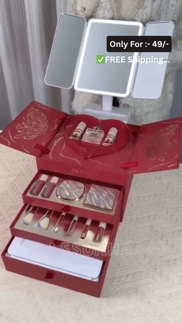 All-in-One Multi-Layered Makeup Gift Box with Full Cosmetic Set, Heart-Shaped Fragrance Tray, Eyeshadow Palette, Makeup Brushes, and Foldable Mirror Case Organizer - Image 2