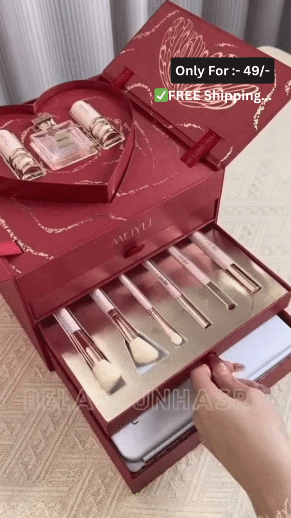All-in-One Multi-Layered Makeup Gift Box with Full Cosmetic Set, Heart-Shaped Fragrance Tray, Eyeshadow Palette, Makeup Brushes, and Foldable Mirror Case Organizer - Image 3