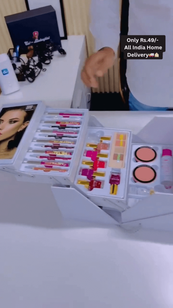 All-in-One Premium Make-Up Gift Set | Multi-Layered Cosmetic Kit for Face, Eyes, Lips & Nails | Complete Beauty Suit with Lipsticks, Nail Paints, Compact, Eyeshadow, Blush & More | Stylish Foldable Makeup Box - Image 2