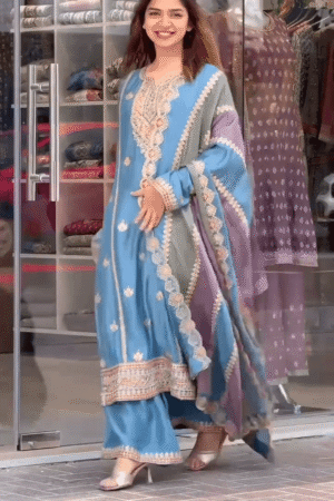 Sky Blue Embroidered Three-Piece Suit with Intricate Thread Work, Lace Detailing, and Multi-Tone Dupatta for Festive and Formal Occasions