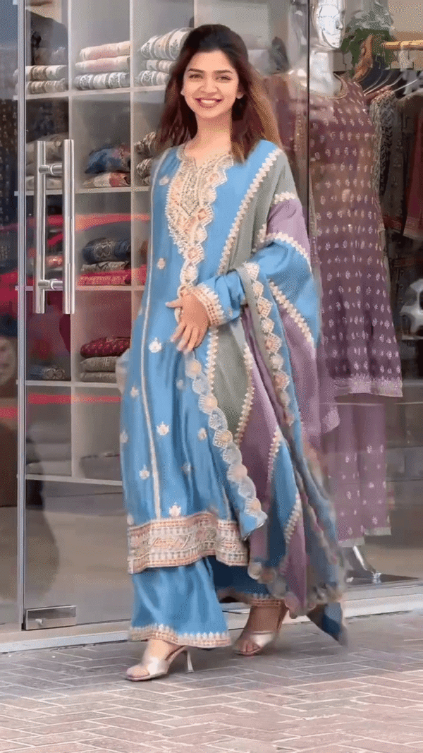 Sky Blue Embroidered Three-Piece Suit with Intricate Thread Work, Lace Detailing, and Multi-Tone Dupatta for Festive and Formal Occasions