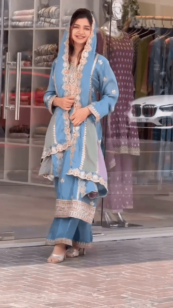 Sky Blue Embroidered Three-Piece Suit with Intricate Thread Work, Lace Detailing, and Multi-Tone Dupatta for Festive and Formal Occasions - Image 2