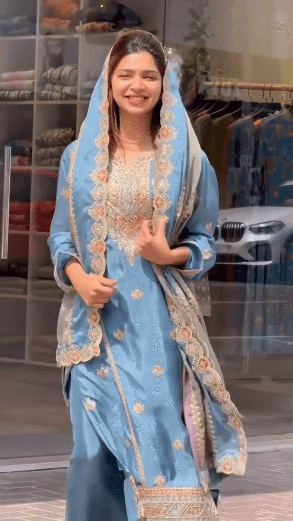 Sky Blue Embroidered Three-Piece Suit with Intricate Thread Work, Lace Detailing, and Multi-Tone Dupatta for Festive and Formal Occasions - Image 3