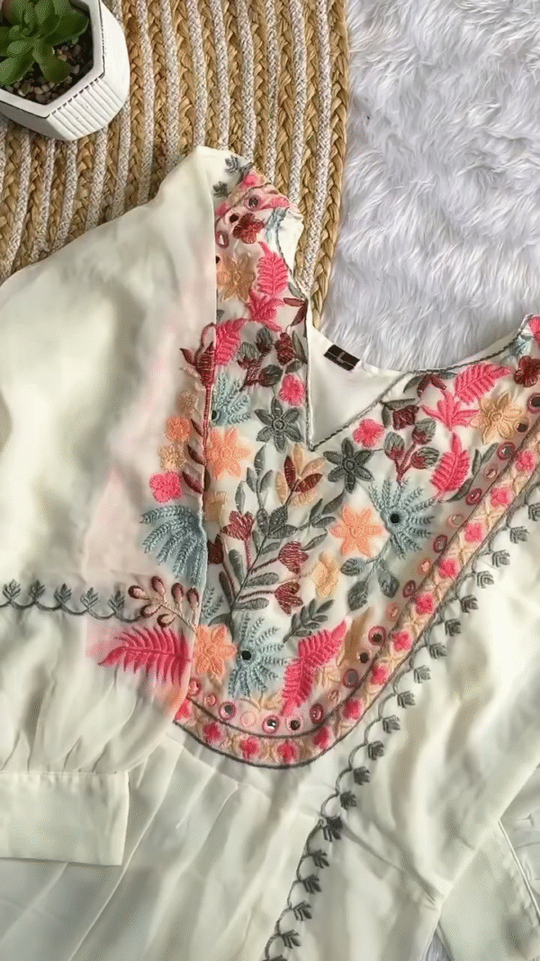 Premium Quality Real Mirror Work Pakistani Embroidered Suit Set in Multiple Elegant Shades Featuring Intricate Floral Thread Work and Designer Neckline - Image 2
