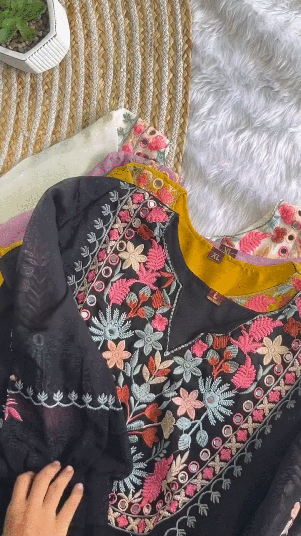 Premium Quality Real Mirror Work Pakistani Embroidered Suit Set in Multiple Elegant Shades Featuring Intricate Floral Thread Work and Designer Neckline - Image 3
