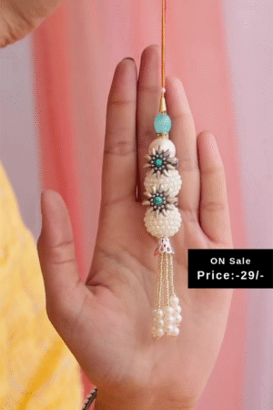Pearl and Turquoise Beaded Rakhi with Matching Floral Design Silver Toe Rings – Traditional Ethnic Accessories for Festive and Wedding Wear