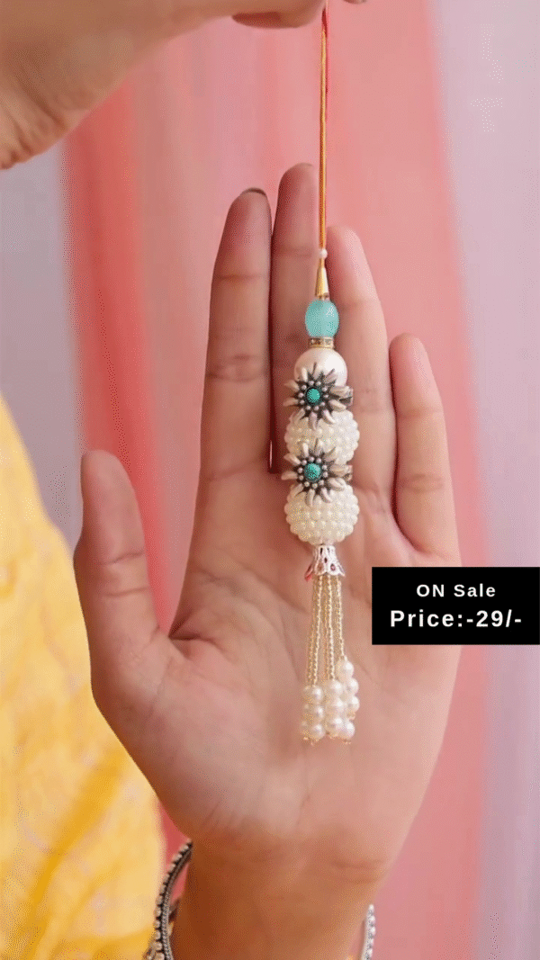 Pearl and Turquoise Beaded Rakhi with Matching Floral Design Silver Toe Rings – Traditional Ethnic Accessories for Festive and Wedding Wear