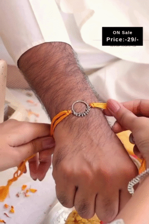 Handcrafted Bhai Rakhi with Silver-Toned Circular "Bhai" Charm on Traditional Yellow Thread – Perfect for Raksha Bandhan Celebration and Brother's Wrist Blessings