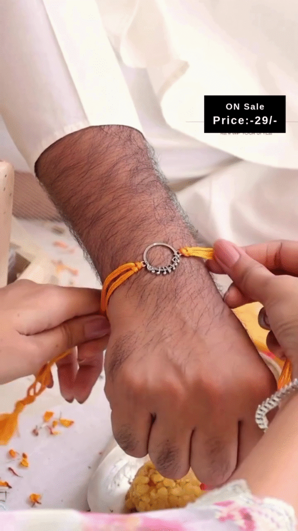 Handcrafted Bhai Rakhi with Silver-Toned Circular "Bhai" Charm on Traditional Yellow Thread – Perfect for Raksha Bandhan Celebration and Brother's Wrist Blessings