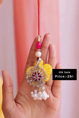 Floral Design Silver-Plated Pendant with Pearl Tassels and Yellow Ribbon Accents for Rakhi or Festive Wear Necklace & Lumba Rakhi Combo