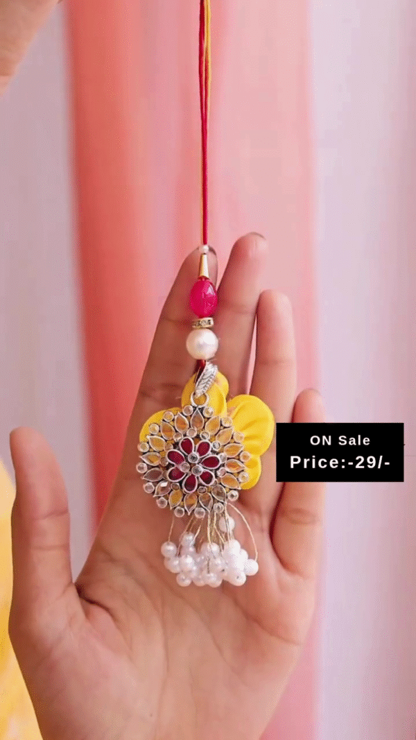 Floral Design Silver-Plated Pendant with Pearl Tassels and Yellow Ribbon Accents for Rakhi or Festive Wear Necklace & Lumba Rakhi Combo