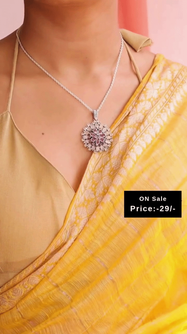 Floral Design Silver-Plated Pendant with Pearl Tassels and Yellow Ribbon Accents for Rakhi or Festive Wear Necklace & Lumba Rakhi Combo - Image 2