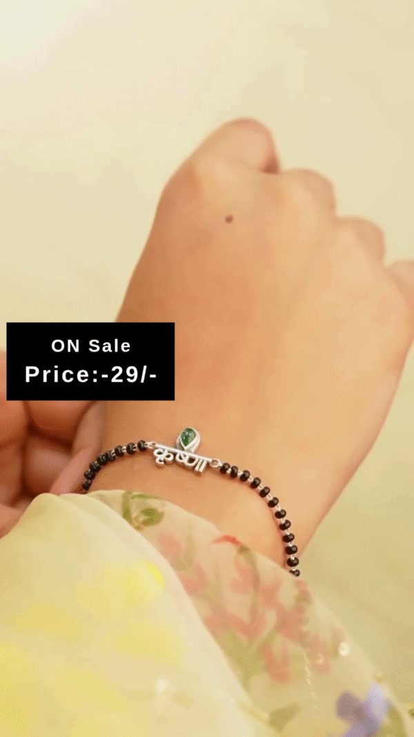 Silver-Toned “Krishna” Letter Charm Bracelet with Black Beads and Green Teardrop Accent – Traditional Mangalsutra Style Wrist Accessory for Women - Image 2