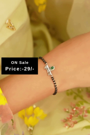 Silver-Toned “Krishna” Letter Charm Bracelet with Black Beads and Green Teardrop Accent – Traditional Mangalsutra Style Wrist Accessory for Women