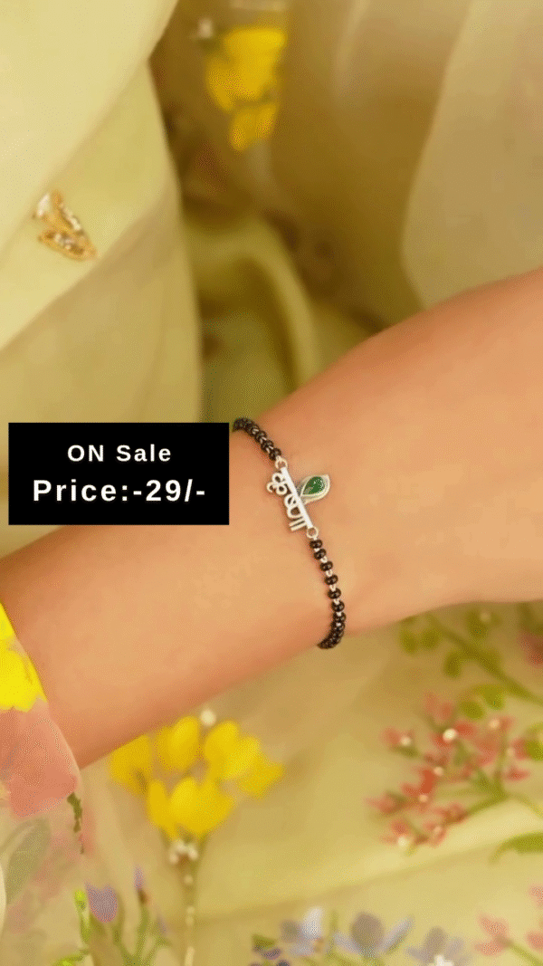 Silver-Toned “Krishna” Letter Charm Bracelet with Black Beads and Green Teardrop Accent – Traditional Mangalsutra Style Wrist Accessory for Women