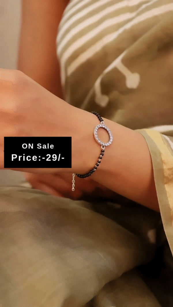 Stylish Silver-Plated Oval CZ Charm Bracelet with Black Beads in Mangalsutra Style – Elegant and Minimal Wrist Accessory for Daily and Festive Wear