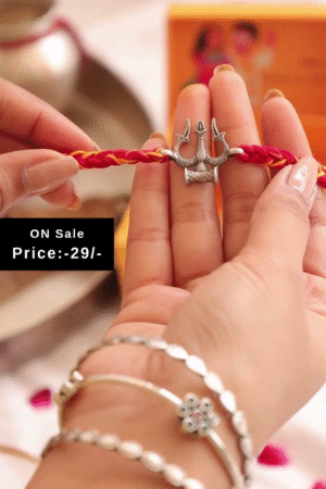 Traditional Trishul and Damru Charm Rakhi with Braided Red-Yellow Thread – Spiritual Rudraksha-Inspired Rakhi for Brother to Celebrate Raksha Bandhan with Divine Blessings