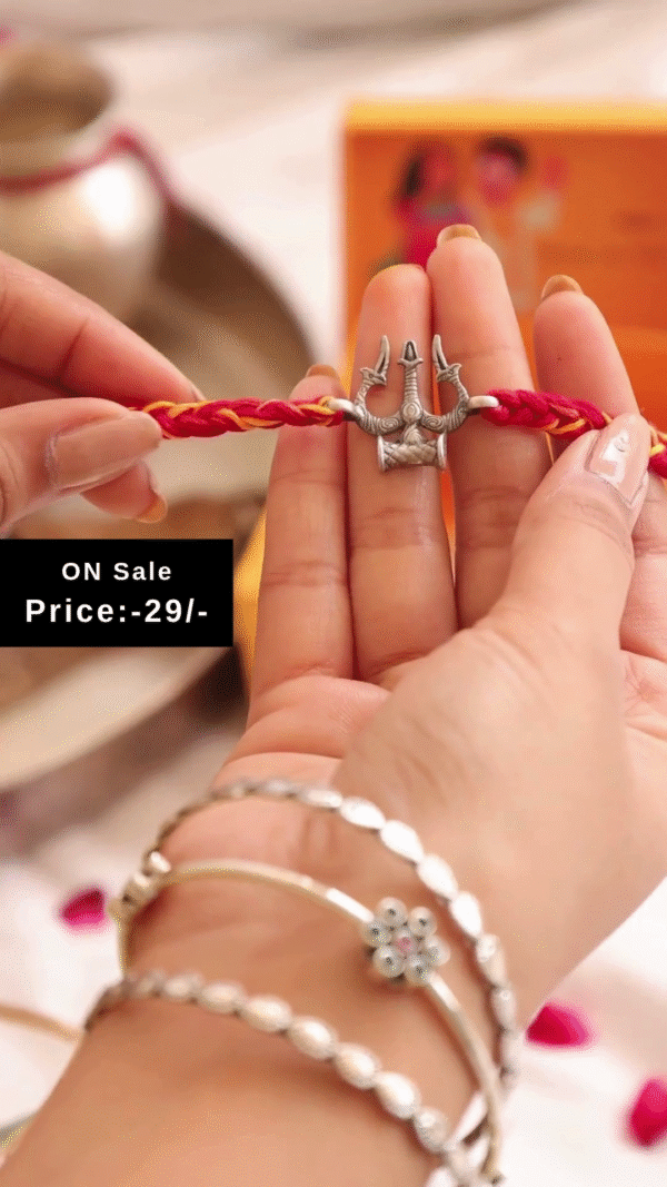Traditional Trishul and Damru Charm Rakhi with Braided Red-Yellow Thread – Spiritual Rudraksha-Inspired Rakhi for Brother to Celebrate Raksha Bandhan with Divine Blessings
